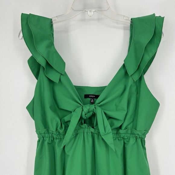 Drew Green Poplin Tie Front Midi Dress Empire Waist Sleeveless Ruffle Size M - Picture 2 of 10
